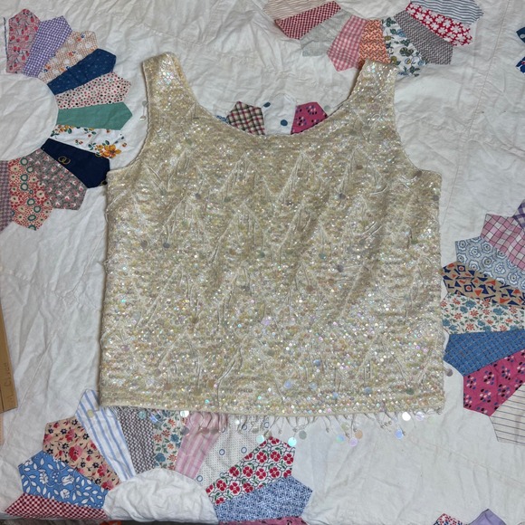 Vintage Tops - Vintage 60s Wool Sequin Beaded Shell Top Iridescent Cream Sleeveless Hong Kong S